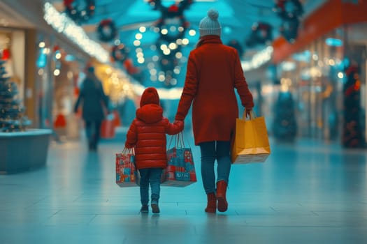 A mother and her young child walk hand in hand through a shopping mall decorated for the holidays, both carrying vibrant gift bags. The atmosphere is festive and joyful.