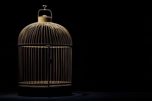 The birdcage stands alone in a dimly lit area, its door ajar, symbolizing freedom and the absence of a bird. The soft light highlights its intricate design and emptiness.