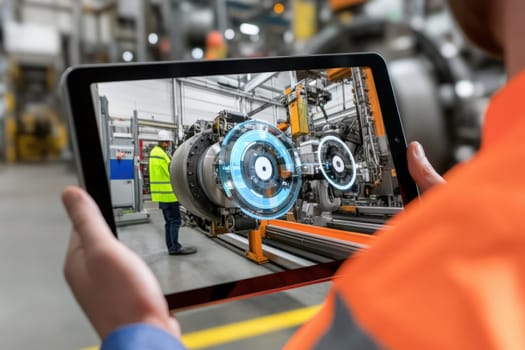 In a modern factory, a worker engages with holographic technology on a tablet, examining machinery components. The setting features industrial equipment, emphasizing innovation in the workplace.