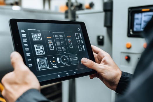 A factory worker operates a holographic display, managing equipment controls and monitoring production. The high-tech setup enhances efficiency and workflow in the manufacturing environment.