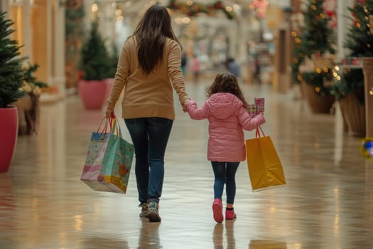 A mother and her young daughter stroll hand in hand through a beautifully decorated shopping mall, carrying colorful bags filled with holiday gifts and enjoying quality time during the festive season.