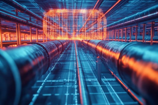 An isolated diagnostic tool rests among a network of pipes, showcasing its role in inspecting and analyzing complex systems. The environment highlights industrial functionality and modern technology.