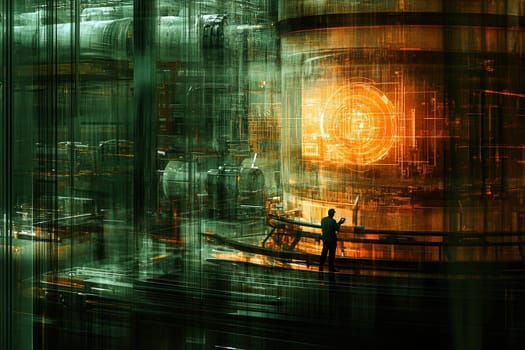 A factory worker engages with a holographic display, examining complex machinery in a high-tech environment. The setting is illuminated by vibrant digital interfaces and industrial components.