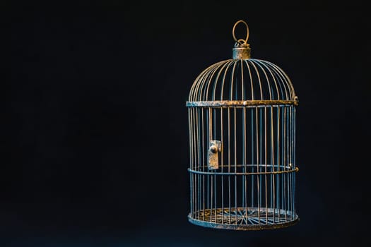 The birdcage, adorned with intricate ironwork, sits empty with its door swung wide open, symbolizing freedom and solitude in a dimly lit space, suggesting a recent departure or new beginnings.