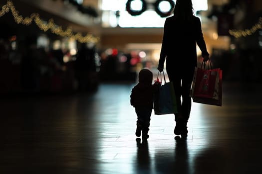 A mother holds shopping bags in one hand as she walks with her child, both silhouetted against a festive background filled with light and decorations, embodying the spirit of the holiday season.