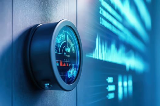 A smart utility meter is mounted on the wall, showcasing a digital interface that displays real-time energy consumption data. The background features a stylized graphic of fluctuating energy metrics.