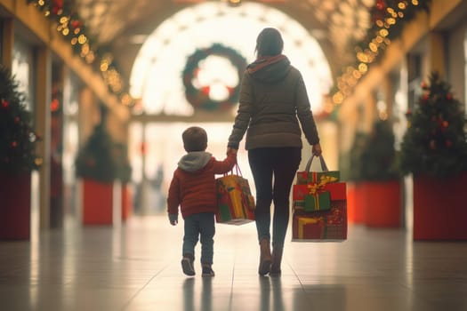 A mother and her child stroll hand in hand, each holding festive shopping bags filled with gifts. They walk through a brightly lit shopping center adorned with Christmas decorations.