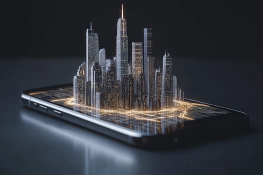 The smartphone showcases a vivid, three-dimensional city skyline illuminated by golden lights, resting on a glossy black background, creating a striking contrast and a captivating visual effect.