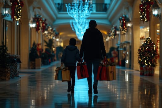 A mother and child walk hand in hand, each carrying colorful bags filled with holiday gifts. They admire the decorations in a beautifully lit shopping area during the evening.