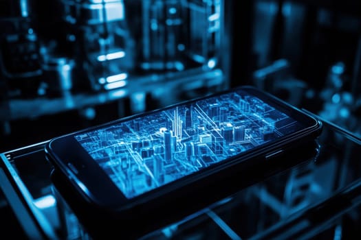 A smartphone rests on a sleek black surface, showcasing a vibrant digital representation of a futuristic city at night. The illuminated graphics highlight a network of buildings and structures.