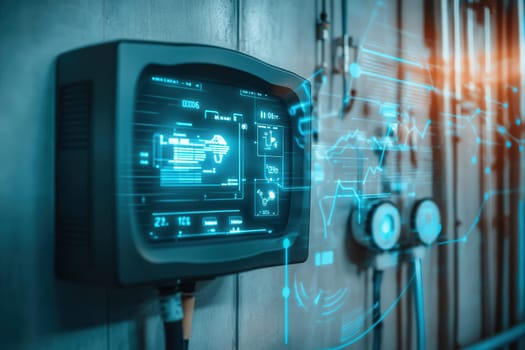 An isolated smart utility meter is mounted on a wall, showcasing digital readouts of energy and water usage data, providing insights into consumption patterns and efficiency in real-time.
