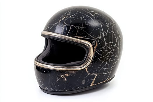 A motorcycle helmet sits alone against a white background, showcasing a cracked exterior that reveals signs of wear and tear. The damaged helmet emphasizes safety concerns in riding.