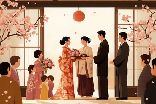 A gathering unfolds as an Asian couple exchanges heartfelt moments with their families amid vibrant cherry blossoms. The atmosphere is filled with joy and celebration of love.