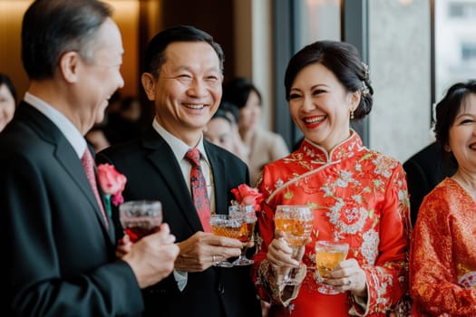 Family members gather in a vibrant atmosphere, sharing laughter and clinking glasses to celebrate a special occasion. The couples are dressed in traditional attire, radiating joy and togetherness.