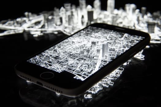 A smartphone rests on a smooth black surface, showcasing a detailed city map illuminated in high contrast. The layout emphasizes the intricate roads and buildings, creating a striking visual.