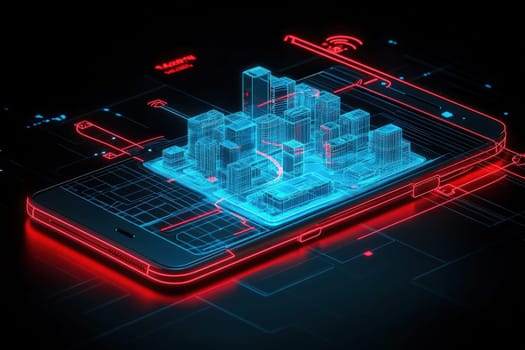 A sleek black smartphone showcases a glowing, digital representation of a futuristic cityscape in vibrant blue and red. The design highlights advanced technology and urban development.
