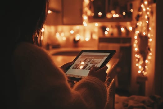 Engaged with a tablet, an individual enjoys a cozy atmosphere illuminated by soft lights, creating a warm and inviting indoor setting during the evening hours.