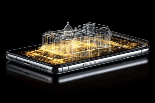 A smartphone rests on a polished black surface, showcasing a holographic representation of an intricate cityscape.
