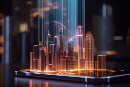 A smartphone sits alone on a sleek black surface, projecting a vibrant holographic cityscape illuminated in various colors, evoking a futuristic atmosphere.