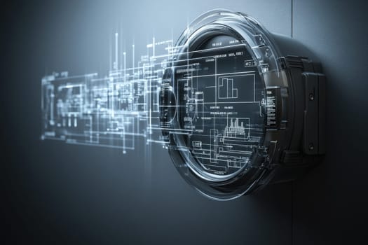 This isolated smart utility meter features a transparent design and displays a digital technical blueprint. It showcases advanced technology and energy monitoring capabilities on a dark wall.
