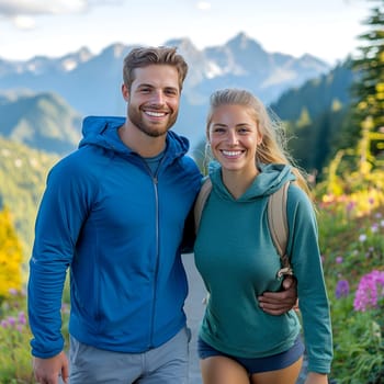 Smiling couple in outdoor gear hiking on a scenic mountain trail with a breathtaking view.