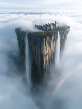 A stunning castle perched on a floating island surrounded by clouds and waterfalls.