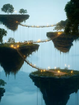 Enchanting floating islands connected by bridges, illuminated by warm lights, create a magical and otherworldly scene.