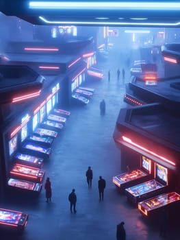 People wander through a futuristic neon lit arcade alley, surrounded by vibrant pinball machines and glowing lights.