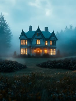 An eerie, illuminated manor surrounded by fog, creating a mysterious and haunting atmosphere.