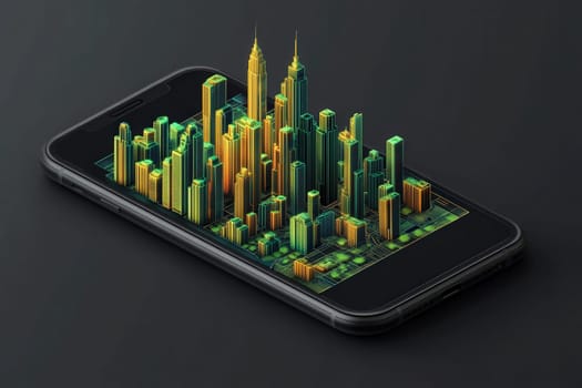 A sleek black smartphone features a colorful 3D city skyline emerging from its screen, showcasing detailed skyscrapers in green and yellow. The vibrant design highlights modern technology.