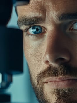 A close up of a man's eye during an examination, highlighting the details of the iris and surrounding skin.