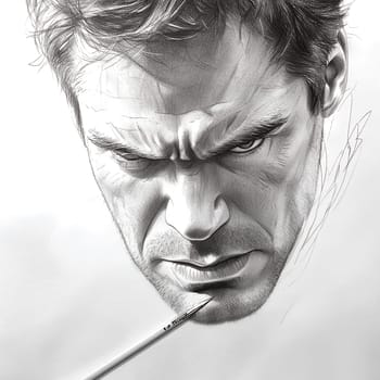 A detailed pencil sketch partially completed, showing an intense expression on a paper canvas.