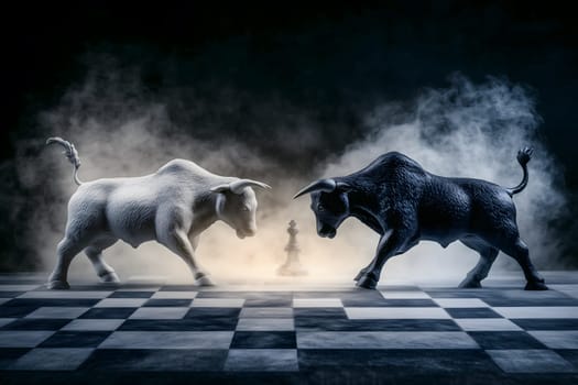 intense standoff between bulls on a chessboard, representing strategy, rivalry, and the competitive nature of financial markets. AI generated image