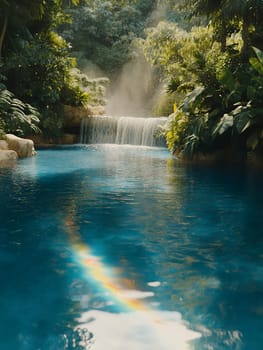 A breathtaking tropical waterfall cascades into a clear pool, with a vibrant rainbow reflecting on the water's surface.