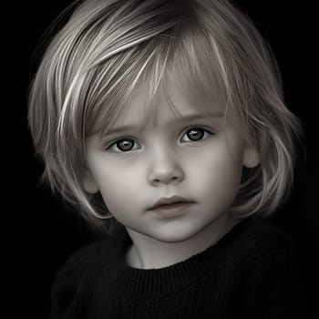 A close up black and white portrait of a young child with an introspective expression on a dark background.
