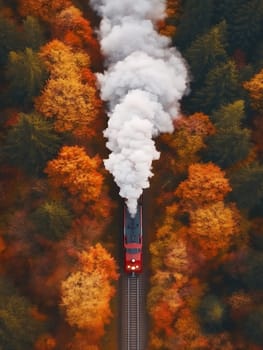 A steam train travels through a vibrant autumn forest, with colorful foliage and billowing smoke.