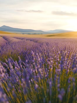 Endless rows of lavender stretch under the soft glow of sunrise, creating a serene landscape.