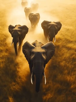 A herd of elephants moves through a dusty savannah at sunset, capturing the majestic beauty of wildlife.