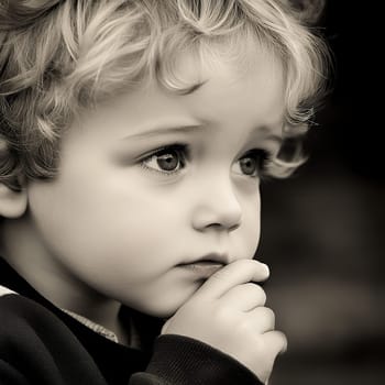 A sepia toned portrait of a child with curly hair looking thoughtful, lit by soft natural light.