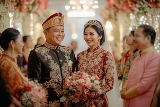 An Asian couple beams with happiness on their wedding day, holding a bouquet amidst family and friends. The elegant decor and traditional outfits highlight the joyous celebration.