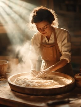 A dedicated artisan kneads dough in warm sunlight, highlighting the craft and tradition of bread making.