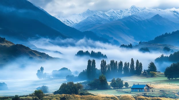 Misty morning in a mountain valley with snow-capped peaks and a solitary cabin, creating a serene landscape.