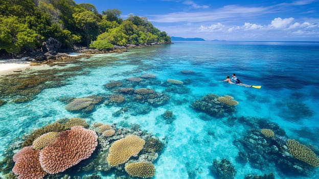 Aerial view of people snorkeling over a vibrant coral reef in crystal clear turquoise waters.