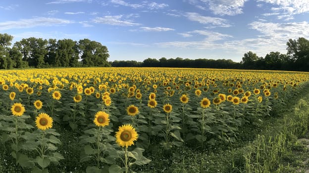 A vast field of sunflowers in full bloom under a clear blue sky, showcasing the beauty of summer nature.