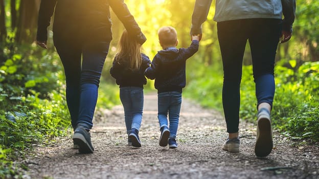 A family walks hand in hand through a sunlit forest, embracing nature and enjoying quality time together.