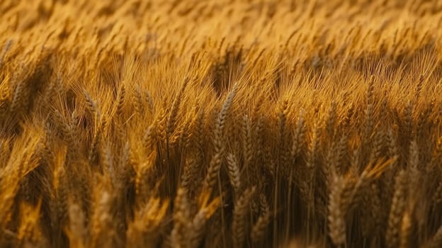 Close-up of a golden wheat field swaying gently in the breeze, capturing the essence of harvest season.