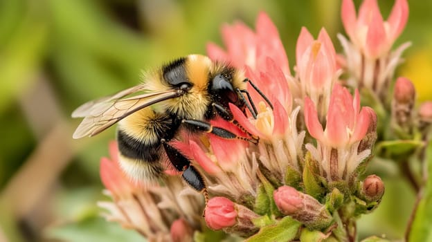 Close-up of a bumblebee pollinating a vibrant flower, showcasing the intricate details of nature's process.