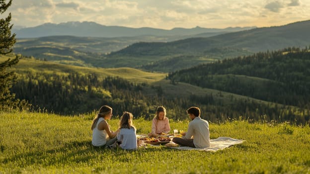 A family enjoys a picnic on a mountain meadow, surrounded by breathtaking views and lush greenery.