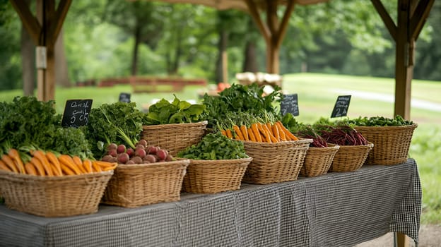 A colorful array of fresh vegetables displayed in baskets at an outdoor farmer's market, inviting and wholesome.