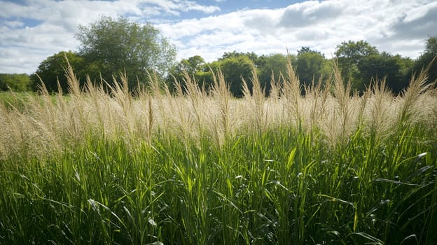 Sunlit tall grasses sway gently in a lush field, set against a backdrop of a bright blue sky and green trees.